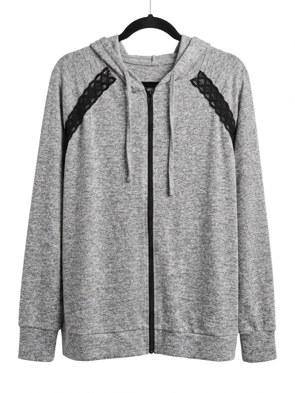 Lightweight Gray Hooded Zip-Front Top with Lace Inset
